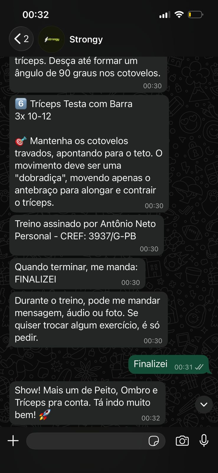 Treino personalizado gerado pela Strongy no WhatsApp